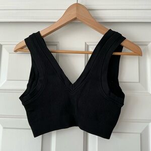 Aerie Offline Black Ribbed Plunge V-Neck Cropped Top S